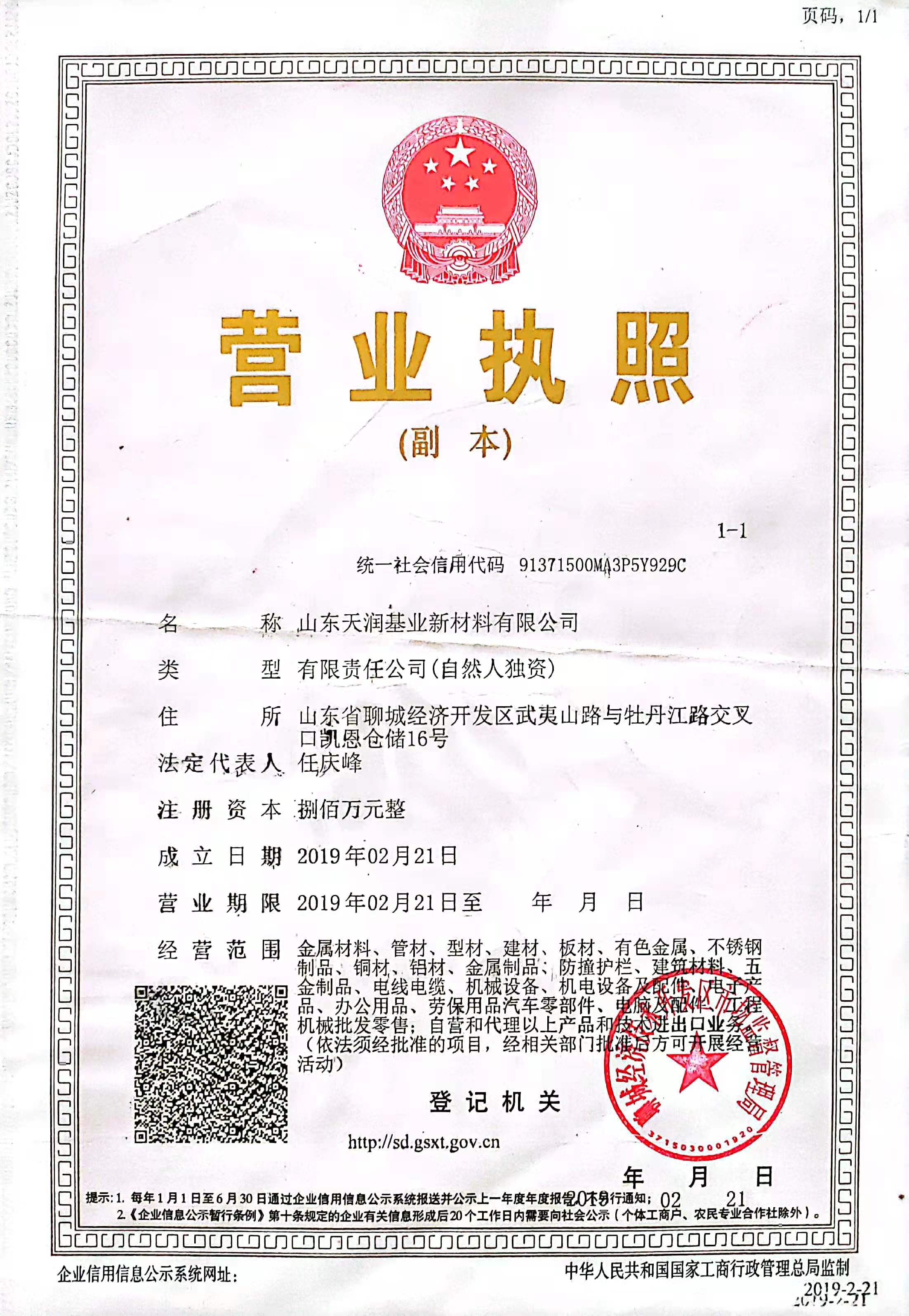 山东天润基业新材料有限公司 资质证书 1