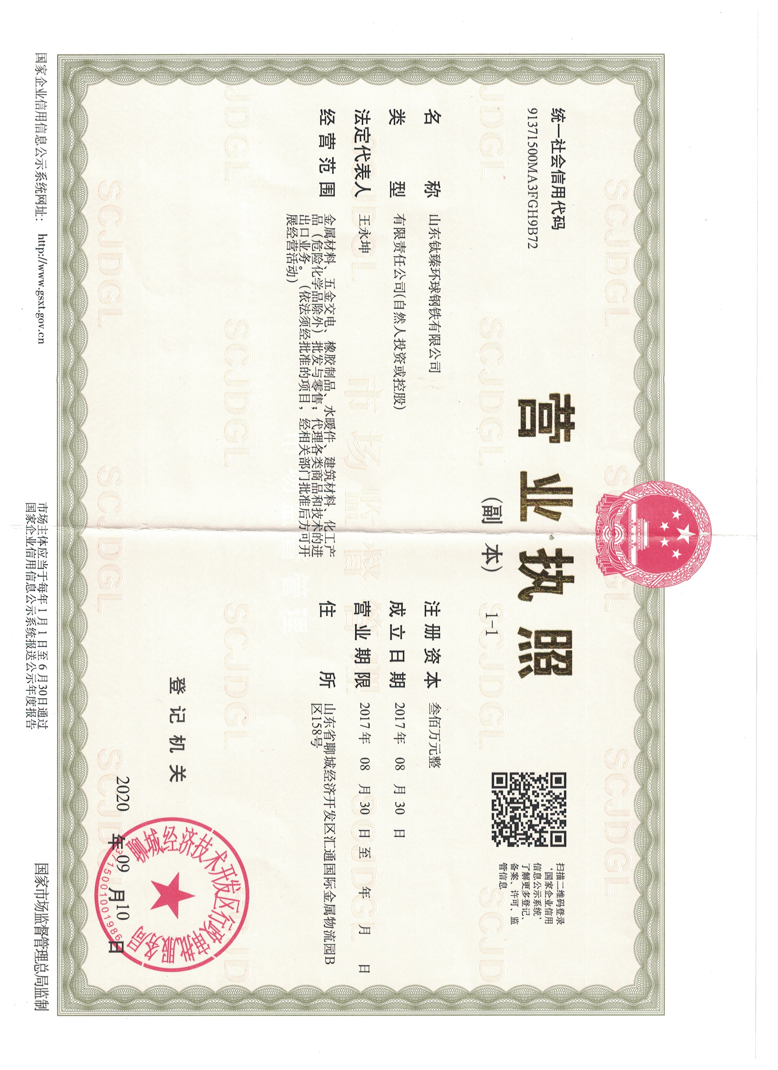 山东钛臻环球钢铁有限公司 资质证书 1