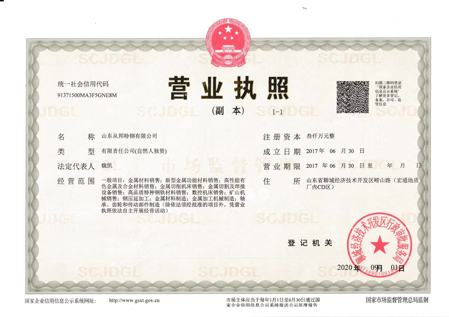 山东从邦特钢有限公司 资质证书 1