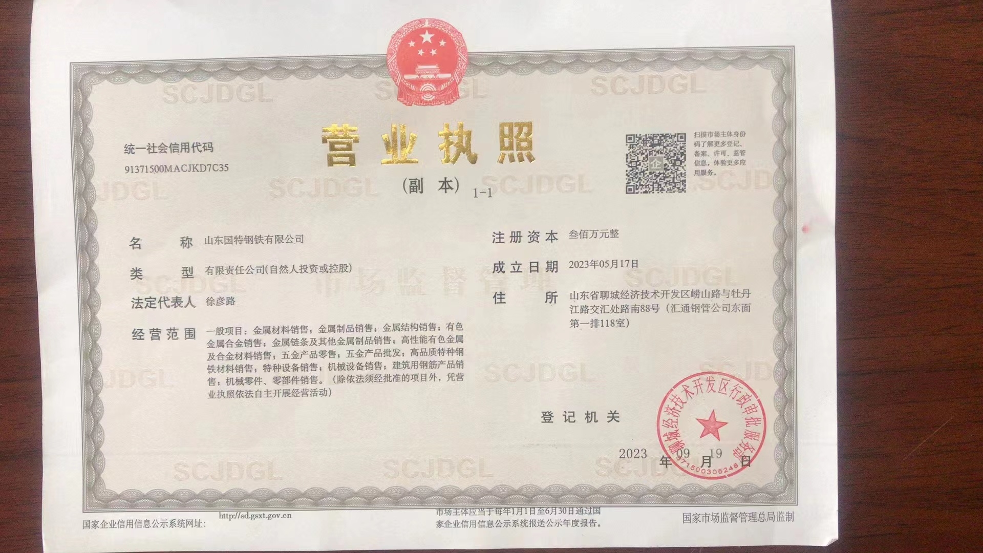 山东国特钢铁有限公司 资质证书 1