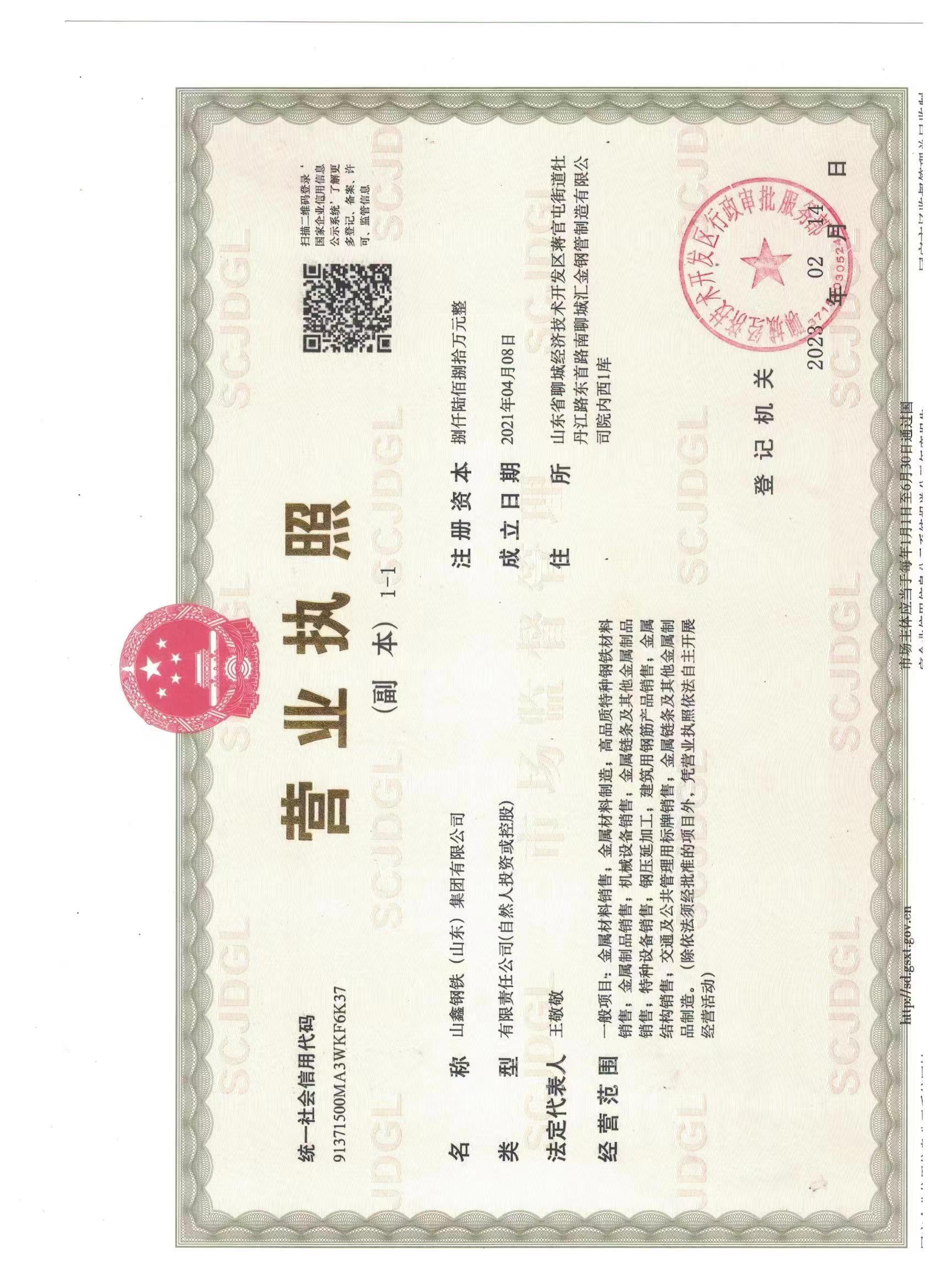 山鑫钢铁（山东）集团有限公司 资质证书 1