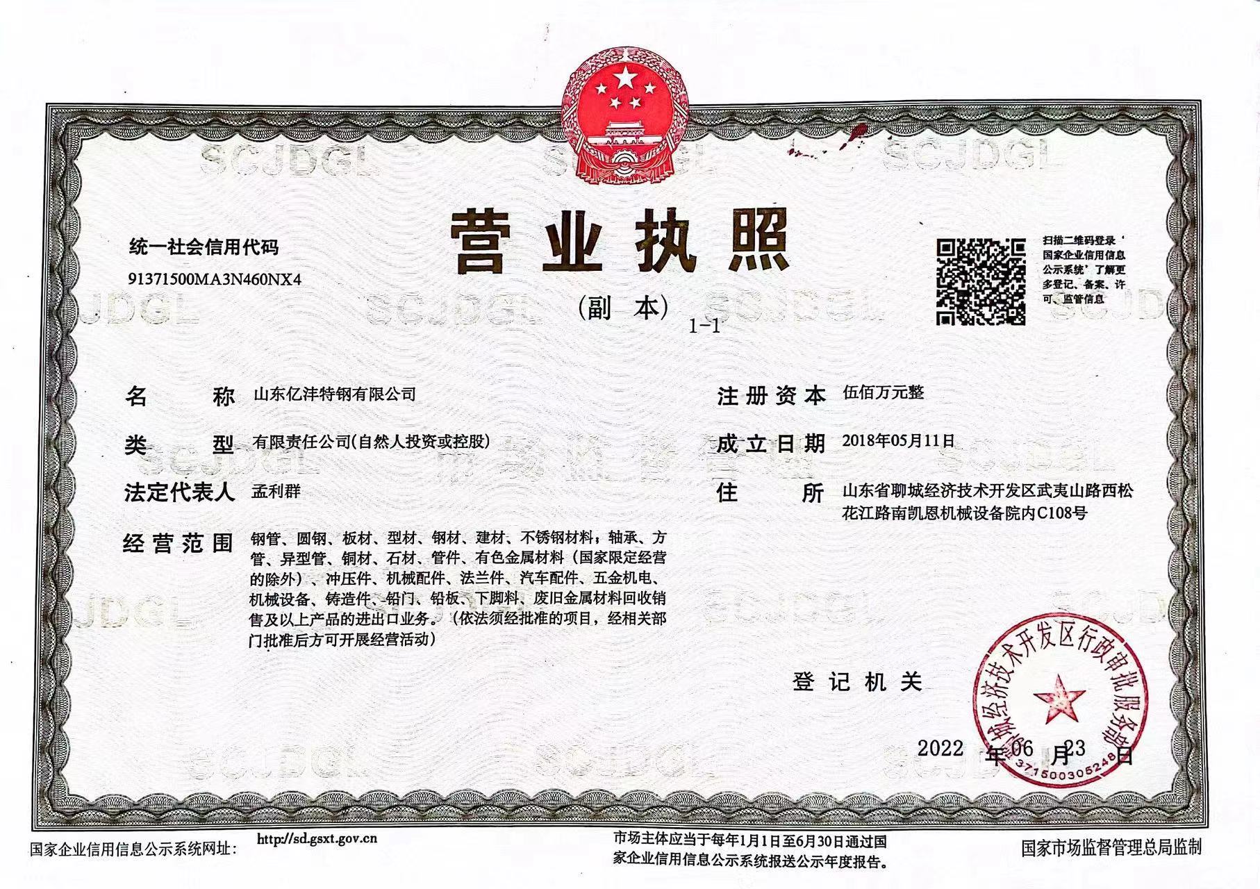 山东亿沣特钢有限公司 资质证书 1