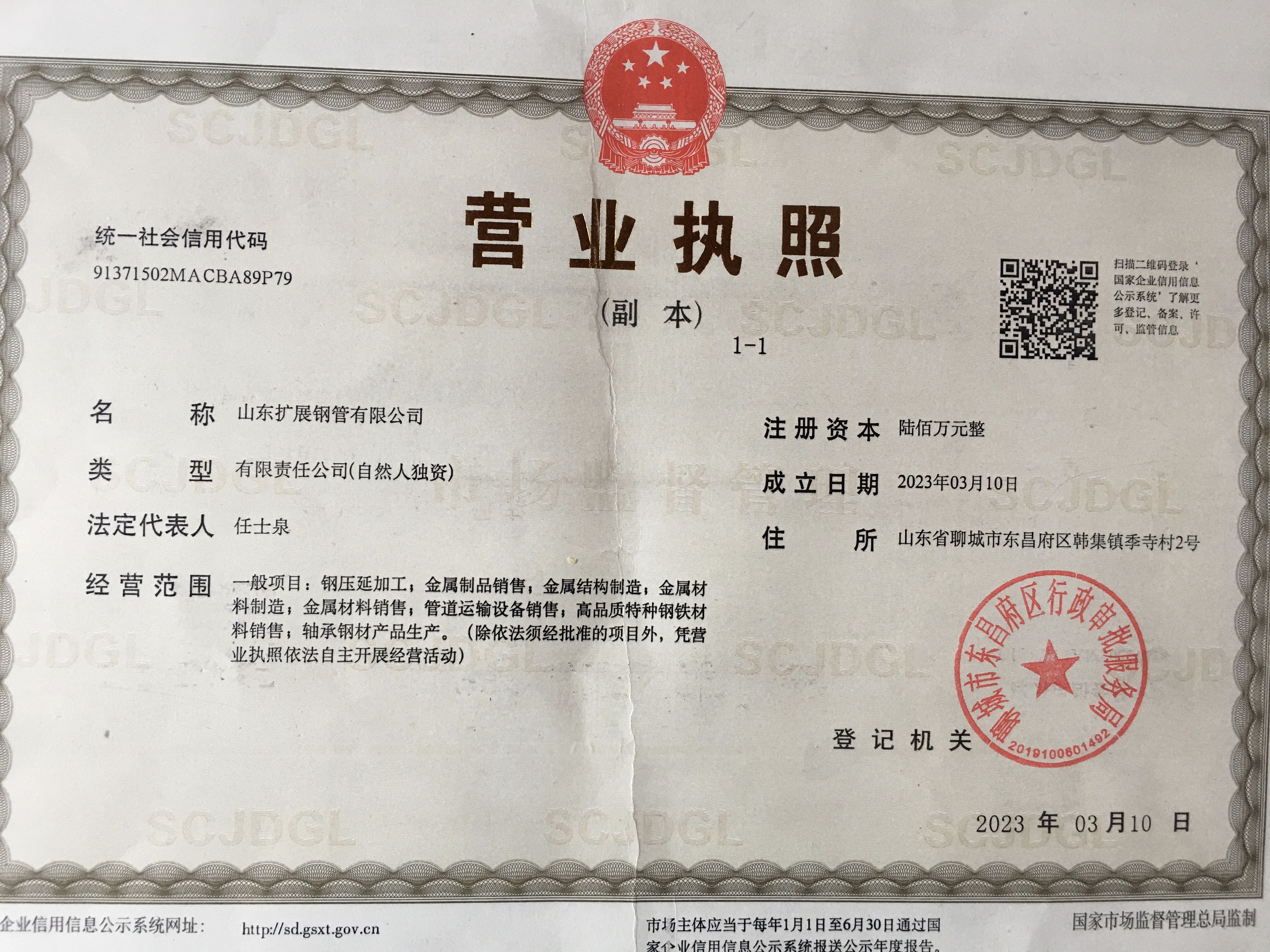 山东扩展钢管有限公司 资质证书 1