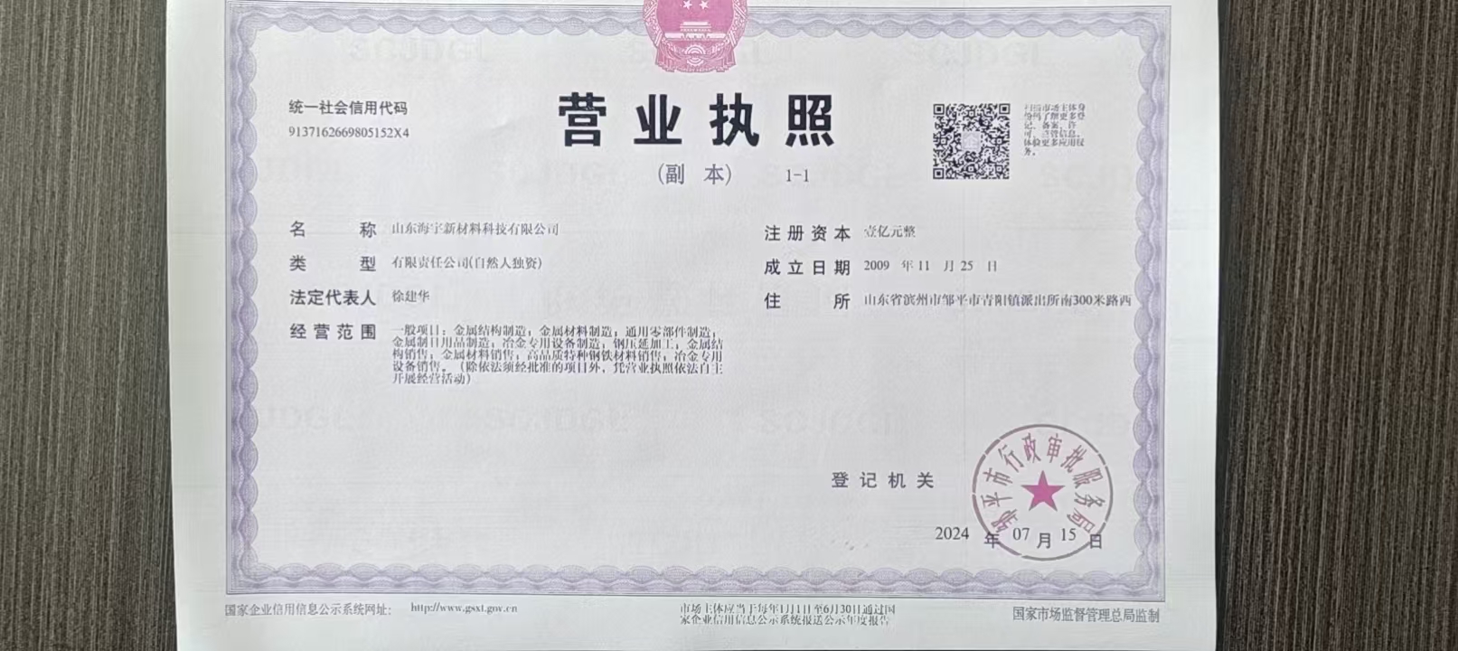 山东海宇新材料科技有限公司 资质证书 1