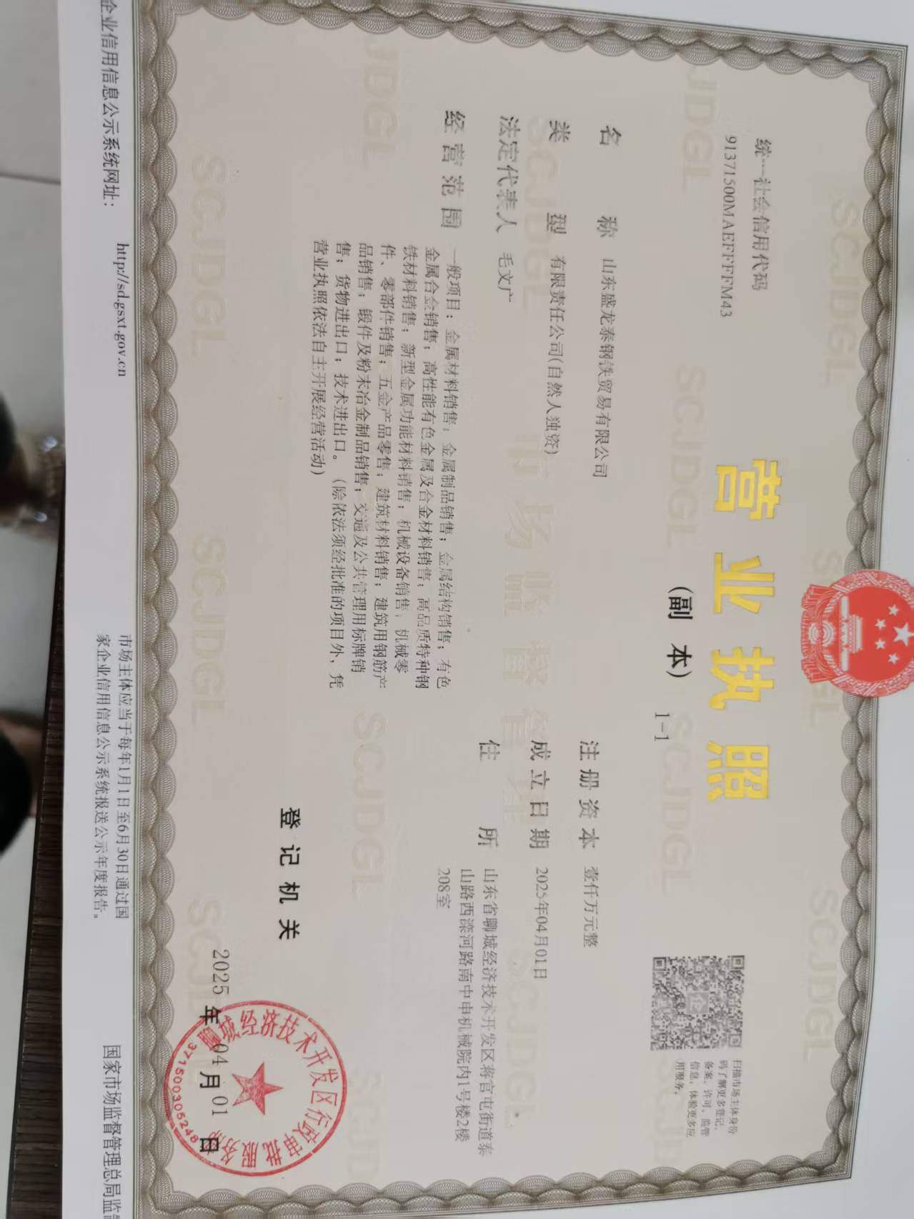 山东盛龙泰钢铁贸易有限公司 资质证书 1