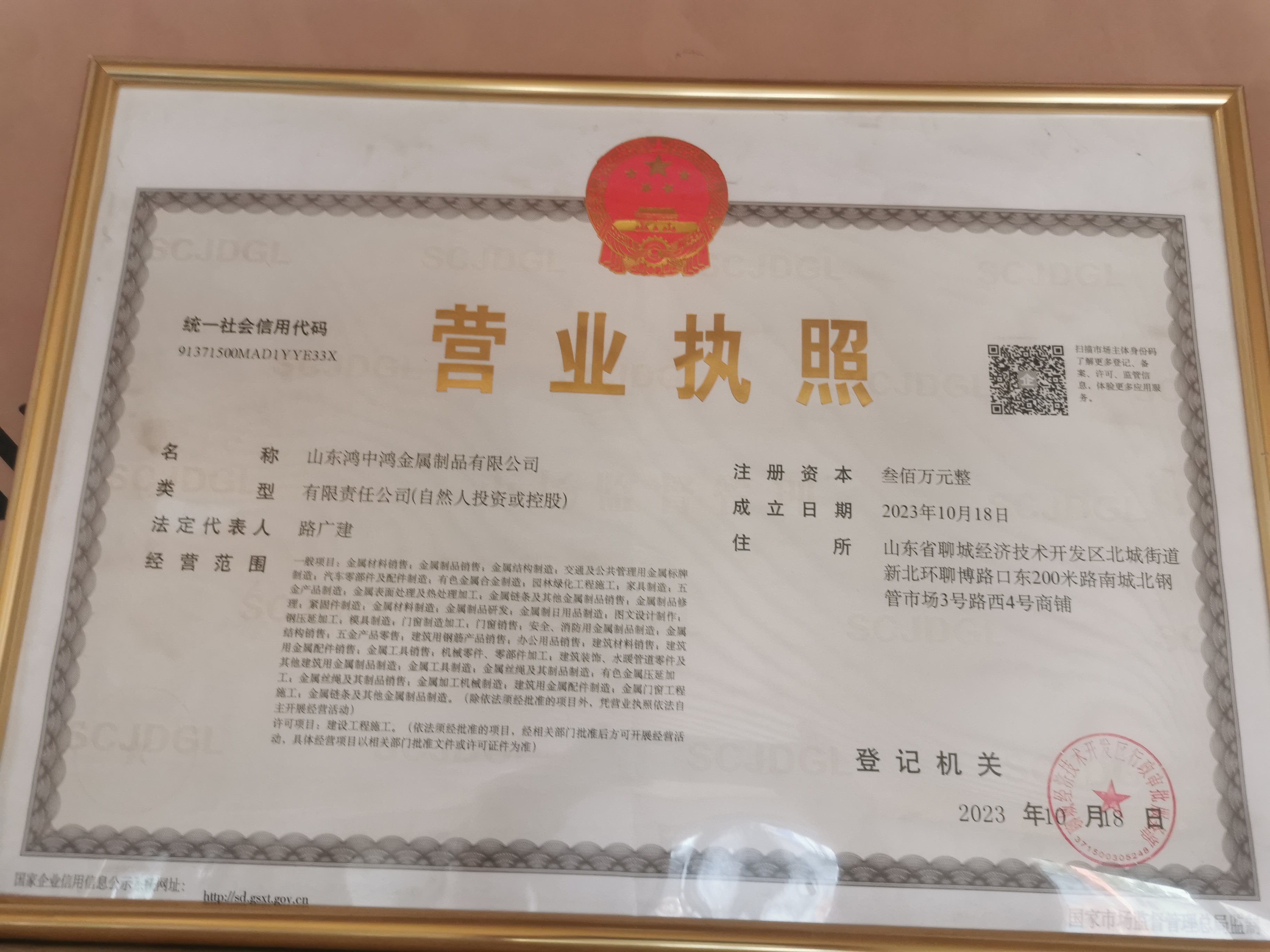 山东鸿中鸿金属制品有限公司 资质证书 1