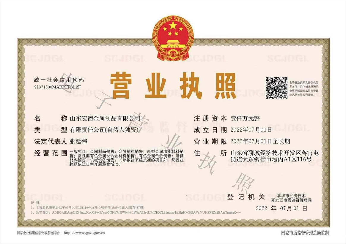 山东宏德金属制品有限公司 资质证书 1