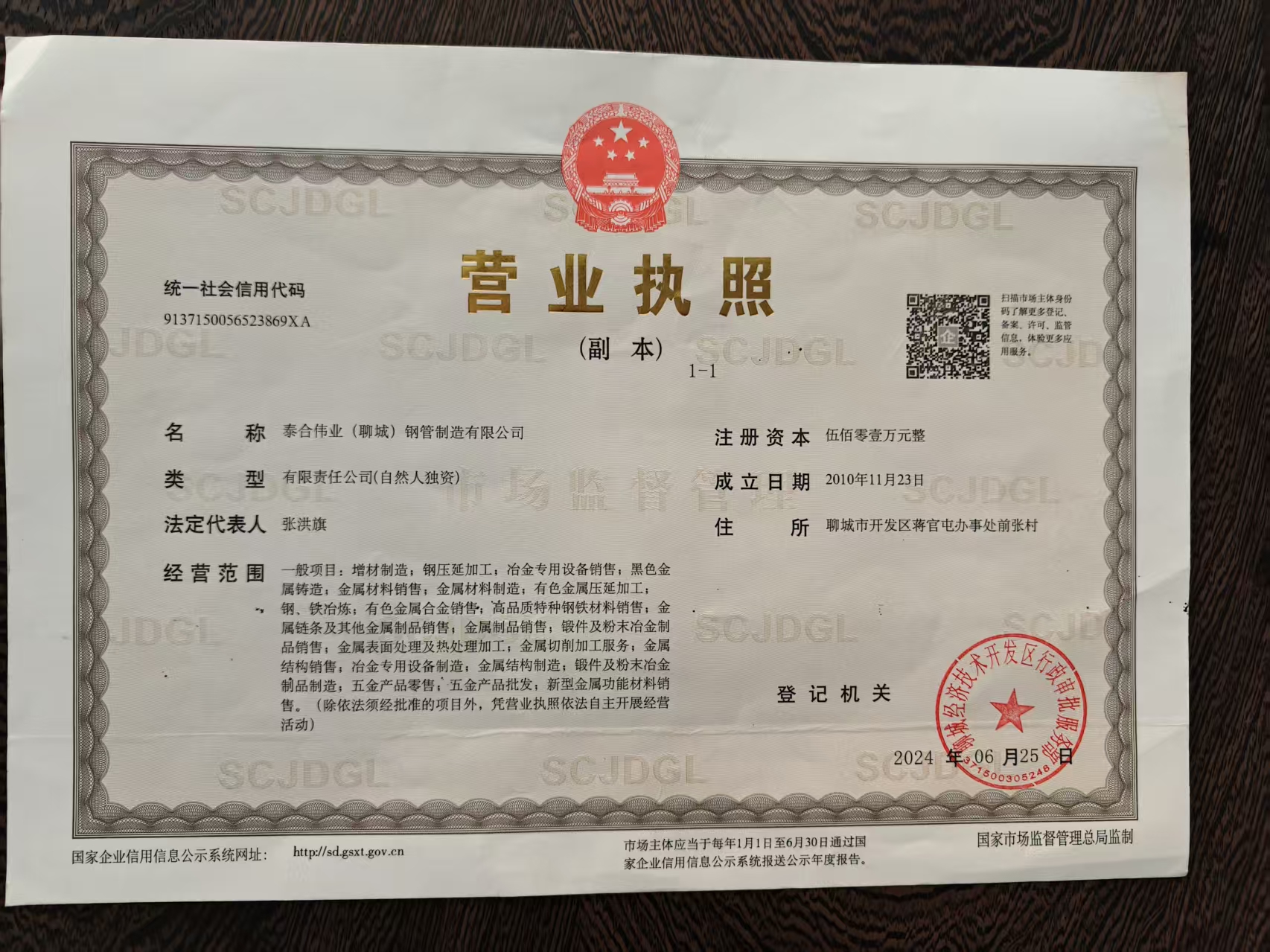 泰合伟业（聊城）钢管制造有限公司 资质证书 1