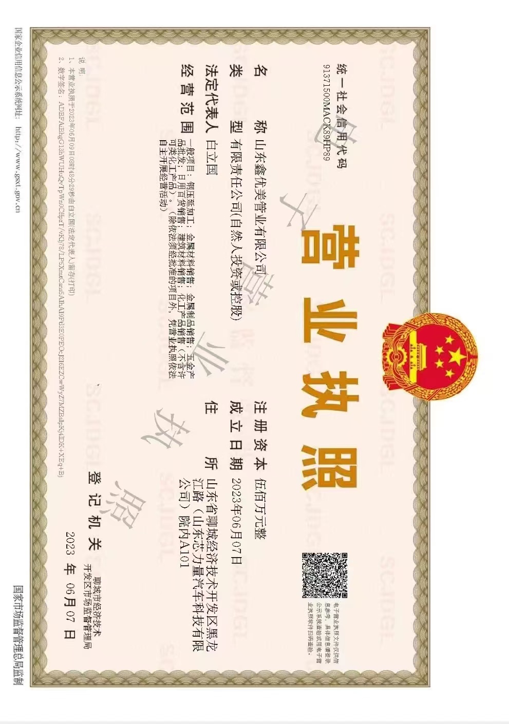 山东鑫优美管业有限公司 资质证书 1