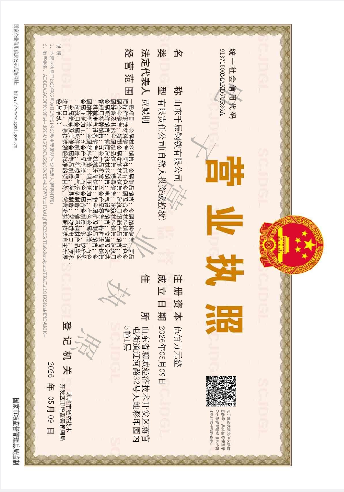 山东千辰钢铁有限公司 资质证书 1