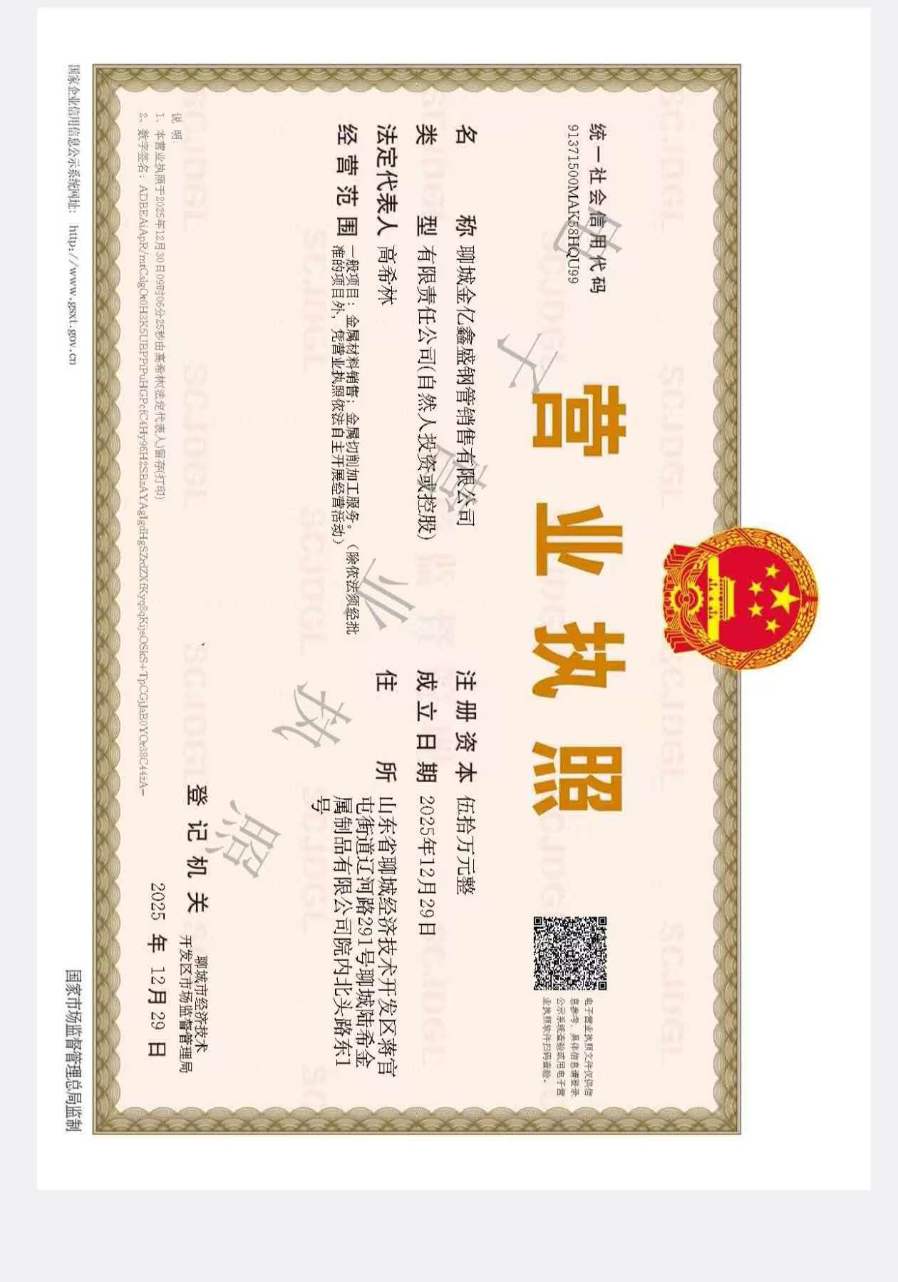 聊城金亿鑫盛钢管销售有限公司 资质证书 1